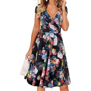 NWT • Oxiuly V-Neck Cap Sleeve Floral Swing Dress